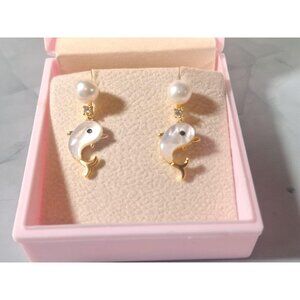 Mother of Pearl Dolphin Drop Stud Earrings - 14K Gold Plated